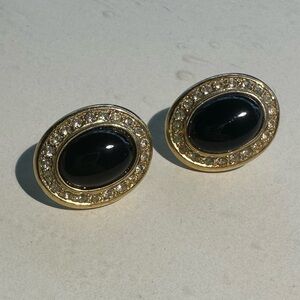 RARE Vintage Gold Tone Black Cabochon With Rhinestones Pierced Earrings